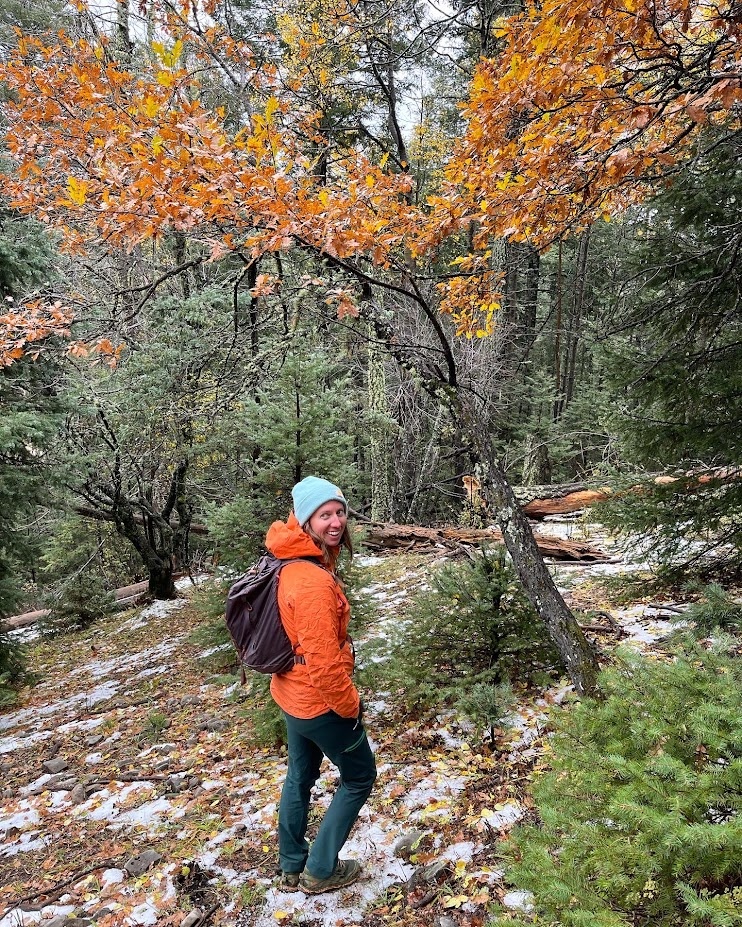Ceeanna Zulla ‘twinning’ with the fall foliage on the Lincoln National Forest, New Mexico.