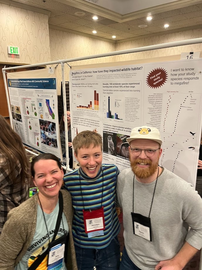 Co-authors, report! Anu, Jessalyn, and Gavin pose with Jessalyn’s poster at the TWS Western Section meeting in Rohnert Park, CA.