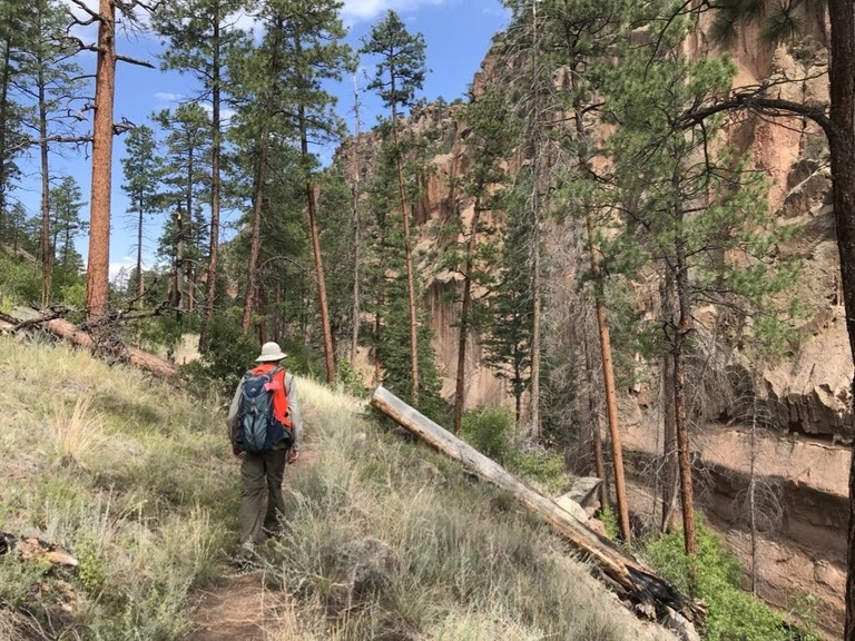 Dr. Jens Stevens walks ahead of Gavin on an outing to Bandelier National Monument, New Mexico.