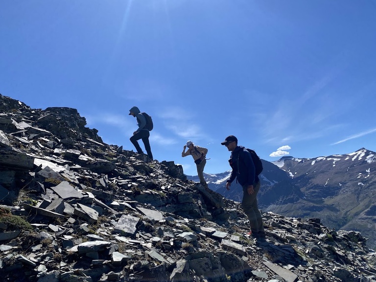 Up, up, up! Team Pika ascends a steep talus field in Glacier National Park, MT.