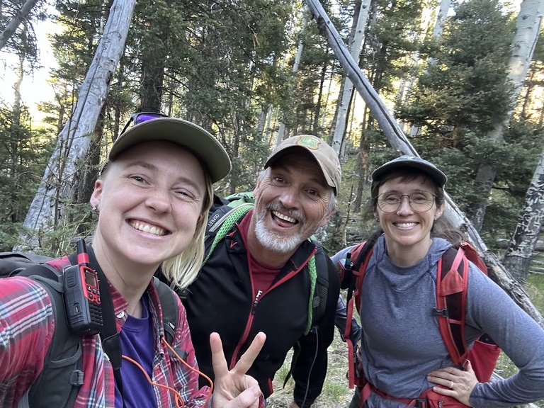 Never a bad day when your job is to work in the woods with friends! Dana Reid with collaborators Jack Williams and Paige Handley (L-R).