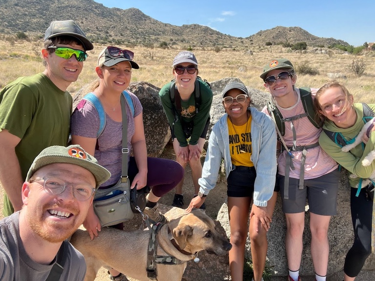 Jones lab hike in the Sandia Foothills in Albuquerque (Gavin, Josh, Marilyn, Jessalyn, Arianna, Ronan, Anna, L-R).