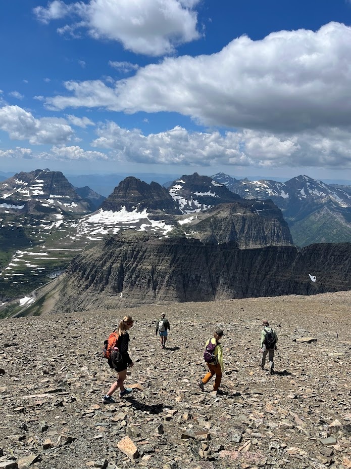 The pika crew traverses alpine country near Piegan Peak in Glacier National Park, Montana.
