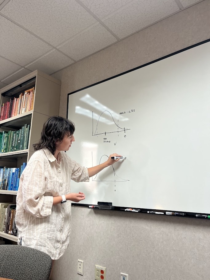 Dr. Kari Norman sketching ideas on the whiteboard – that eventually led to a paper!